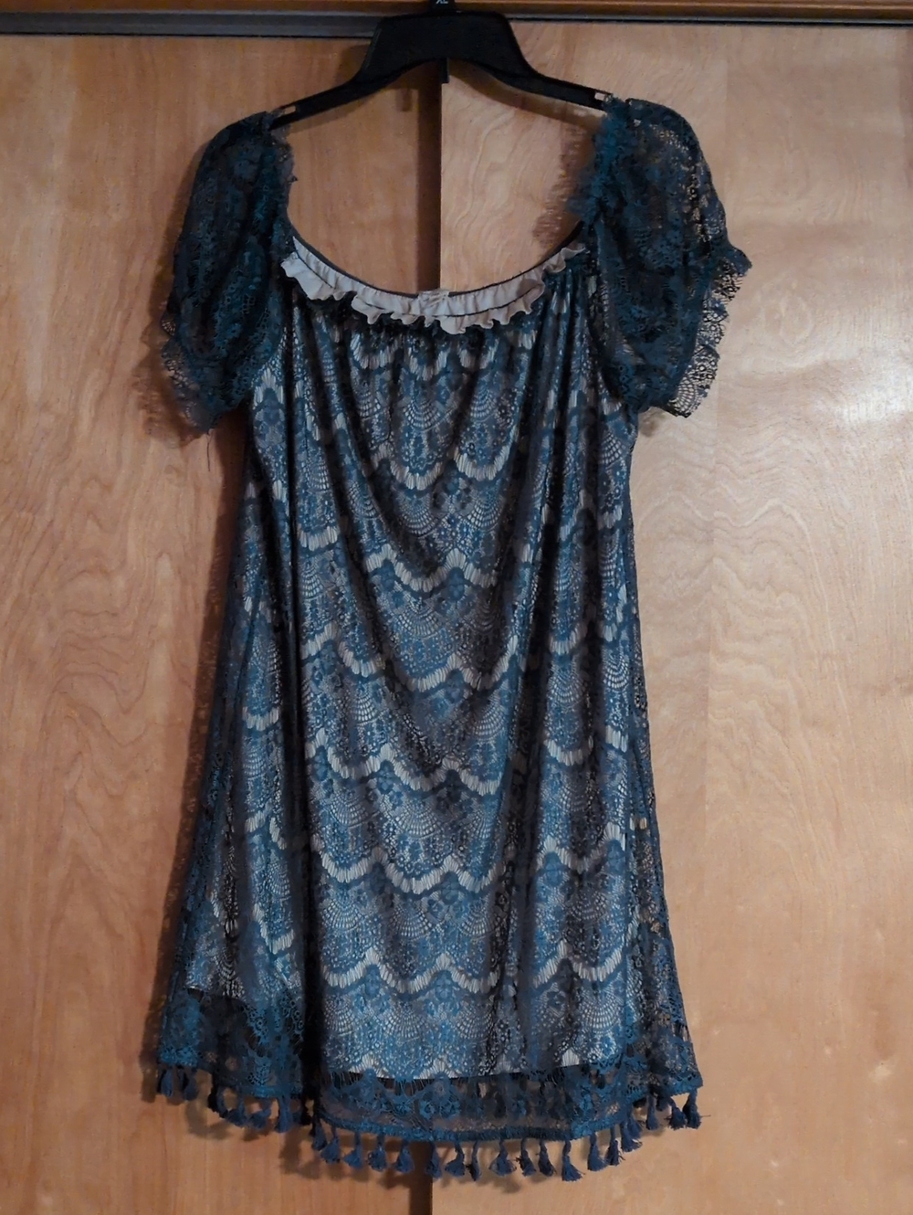 Women's Teal Lace Overlay Peasant Dress